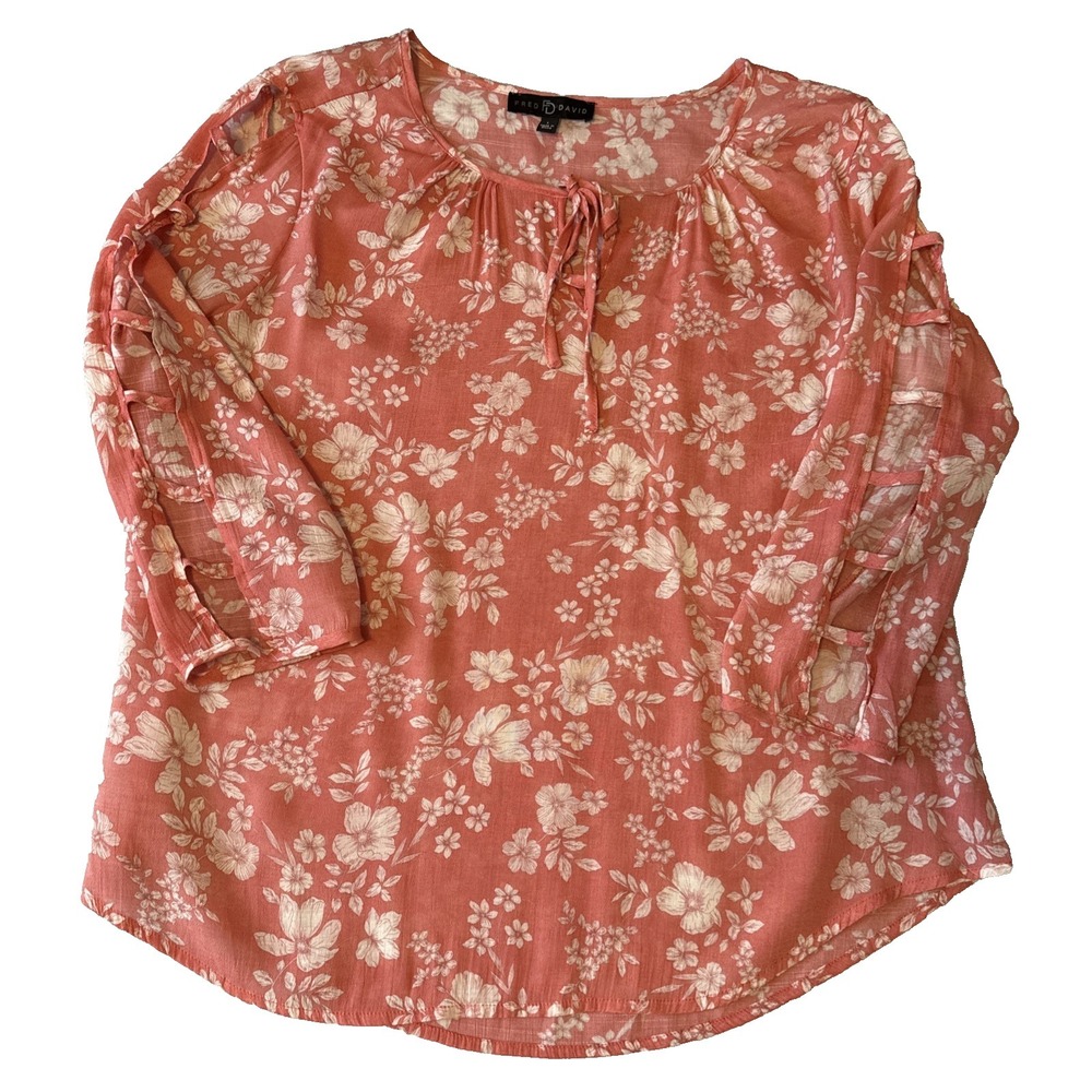 Fred David Pink Floral Ladder Cut Out Sleeve Rayon Sheer Top L Boho Chic Cottage